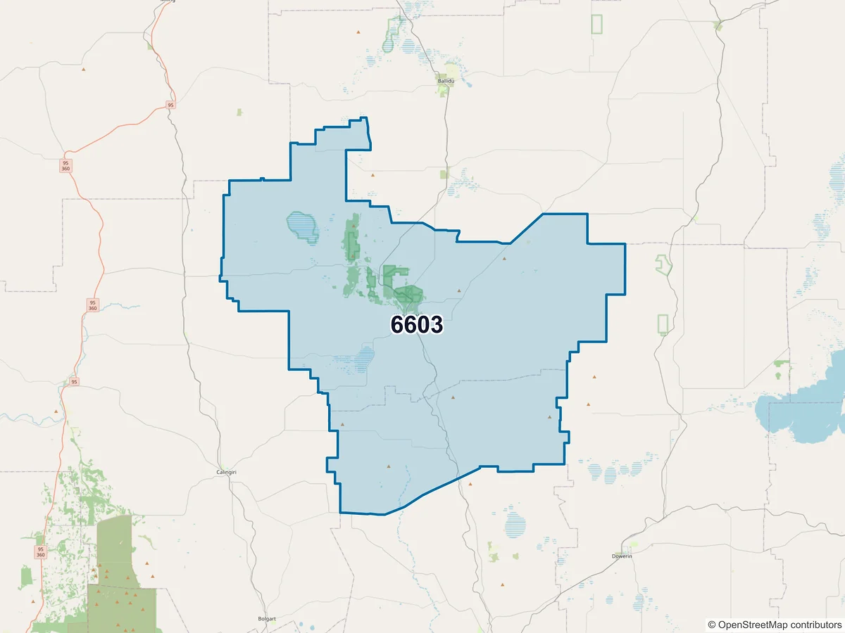 Map of postcode 6603 — Wongan Hills, WA, Australia