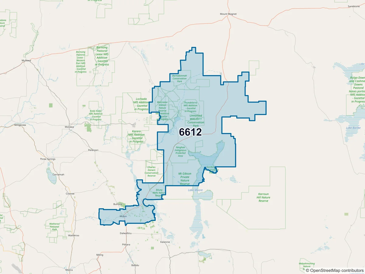 Map of postcode 6612 — Wubin, WA, Australia