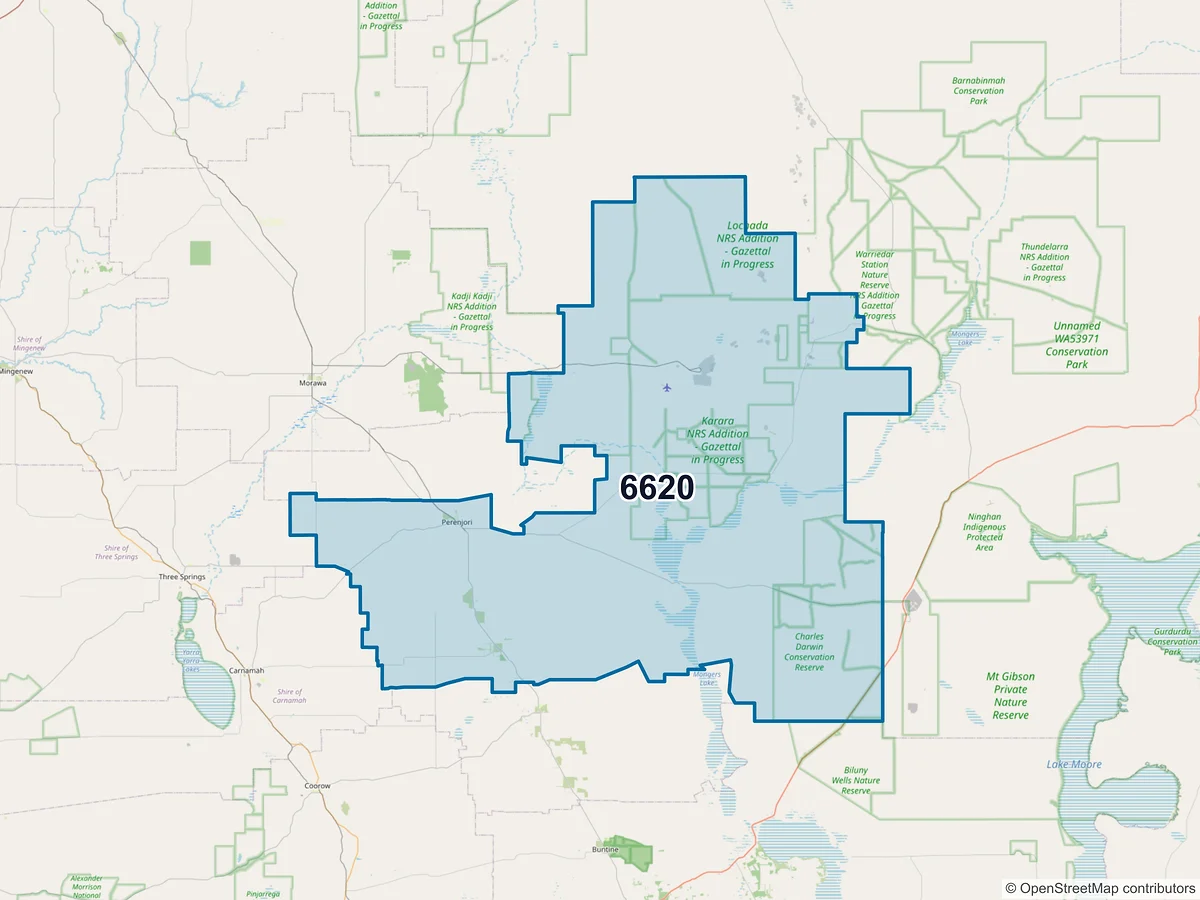 Map of postcode 6620 — Perenjori, WA, Australia