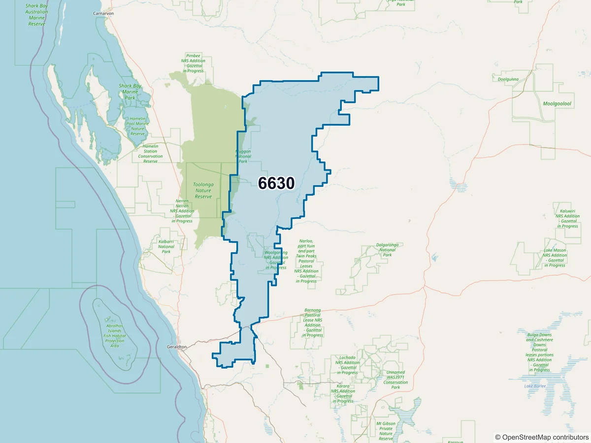 Map of postcode 6630 — Mullewa, WA, Australia