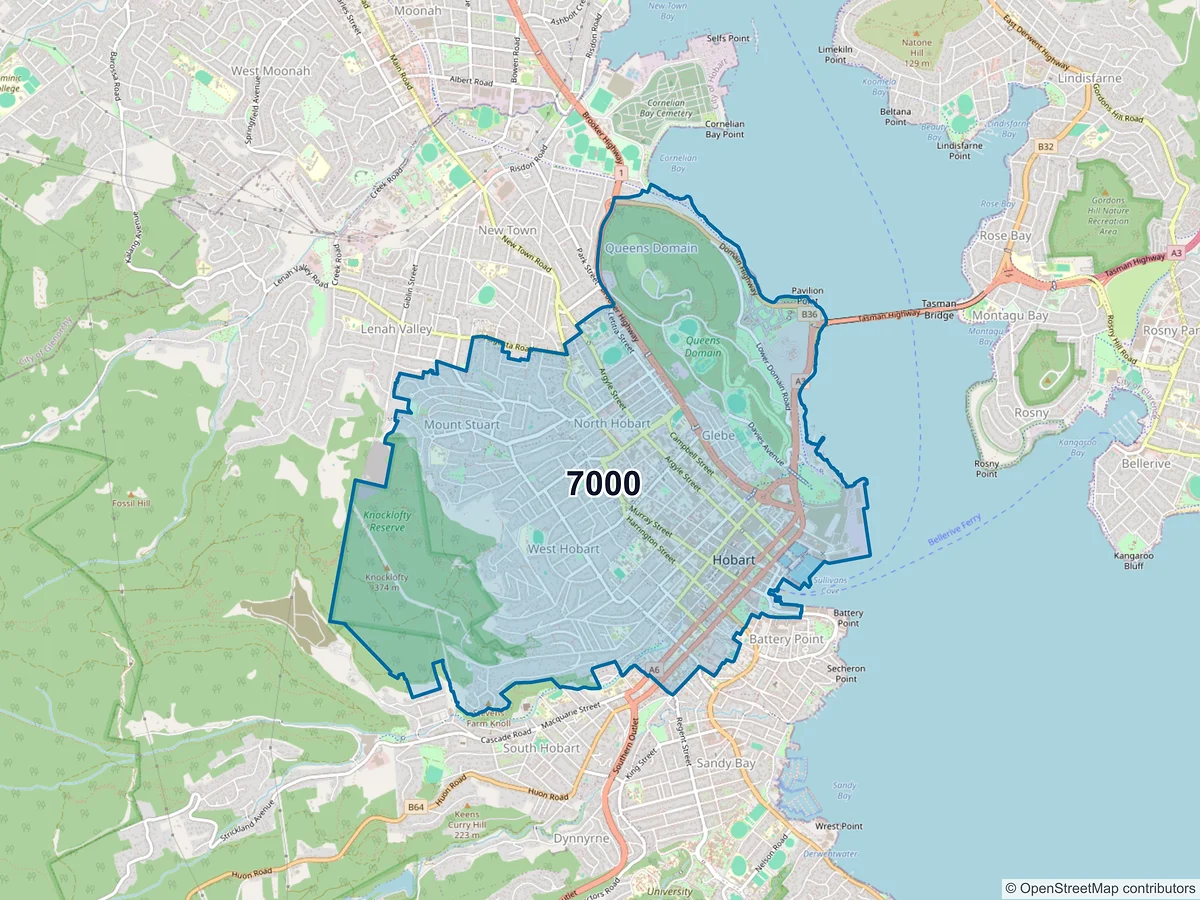Map of postcode 7000 — Hobart, TAS, Australia