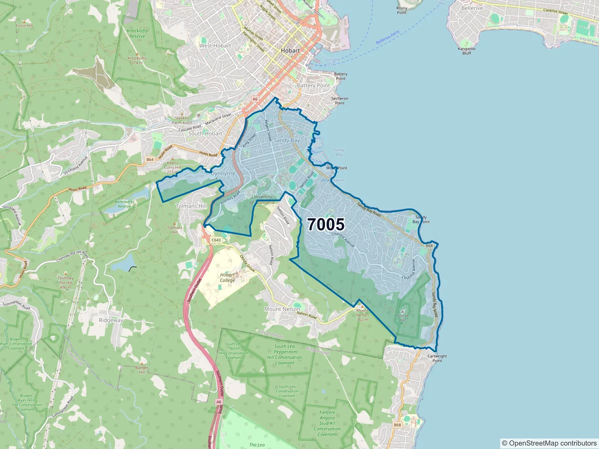 Map of postcode 7005 — Sandy Bay, TAS, Australia