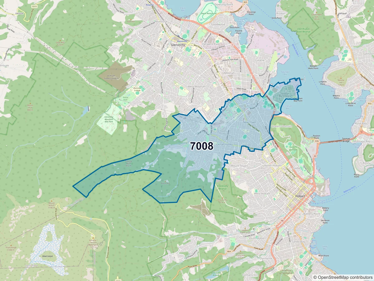 Map of postcode 7008 — New Town, TAS, Australia