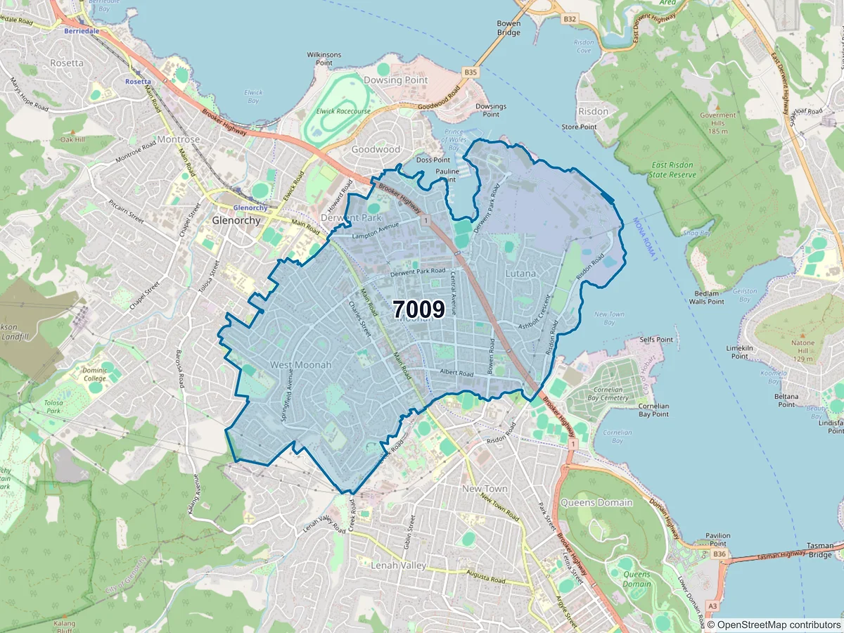 Map of postcode 7009 — Moonah, TAS, Australia