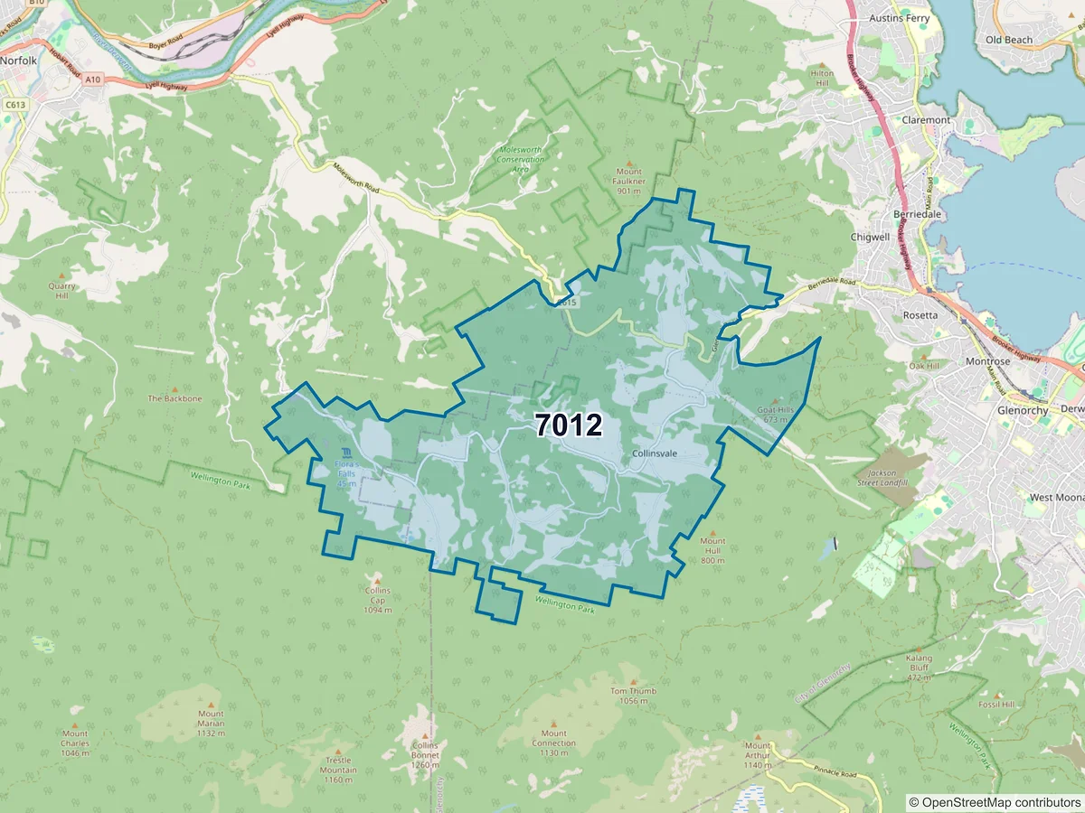 Map of postcode 7012 — Collinsvale, TAS, Australia