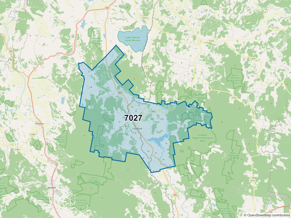 Map of postcode 7027 — Colebrook, TAS, Australia