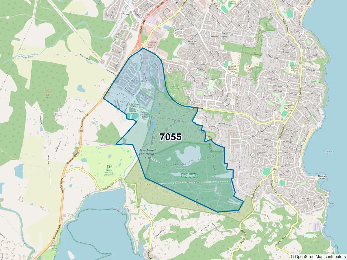Map of postcode 7055 — Huntingfield, TAS, Australia