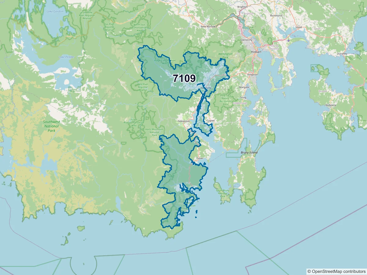 Map of postcode 7109 — Huonville, TAS, Australia