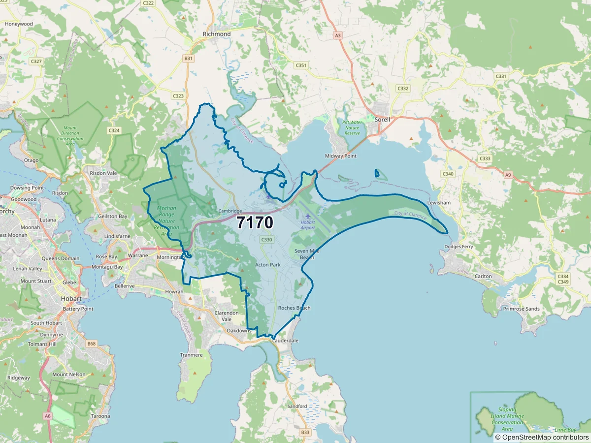Map of postcode 7170 — Cambridge, TAS, Australia
