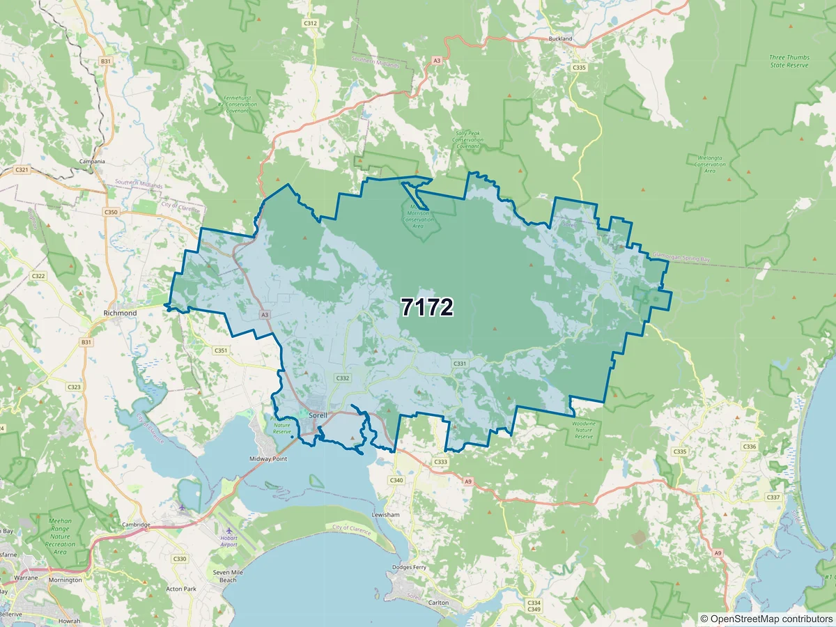 Map of postcode 7172 — Sorell, TAS, Australia