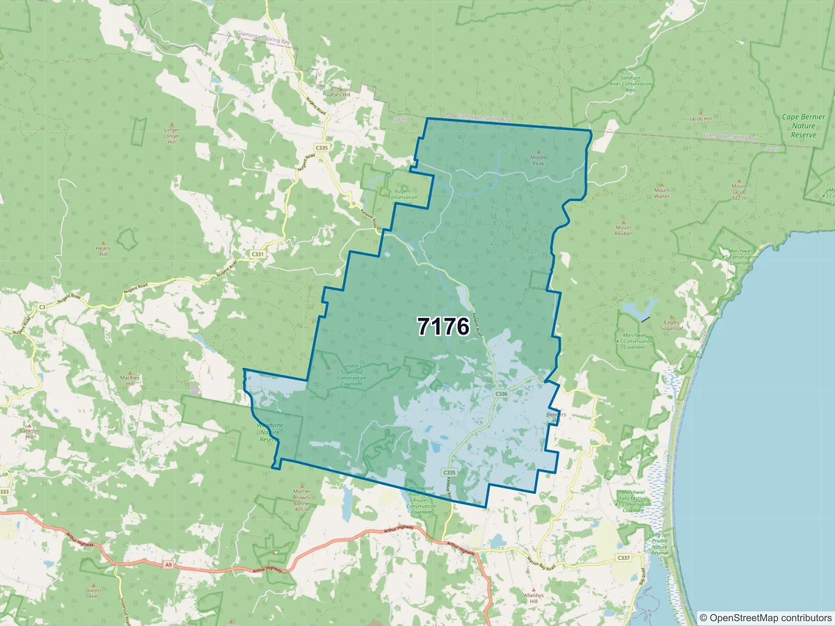 Map of postcode 7176 — Kellevie, TAS, Australia