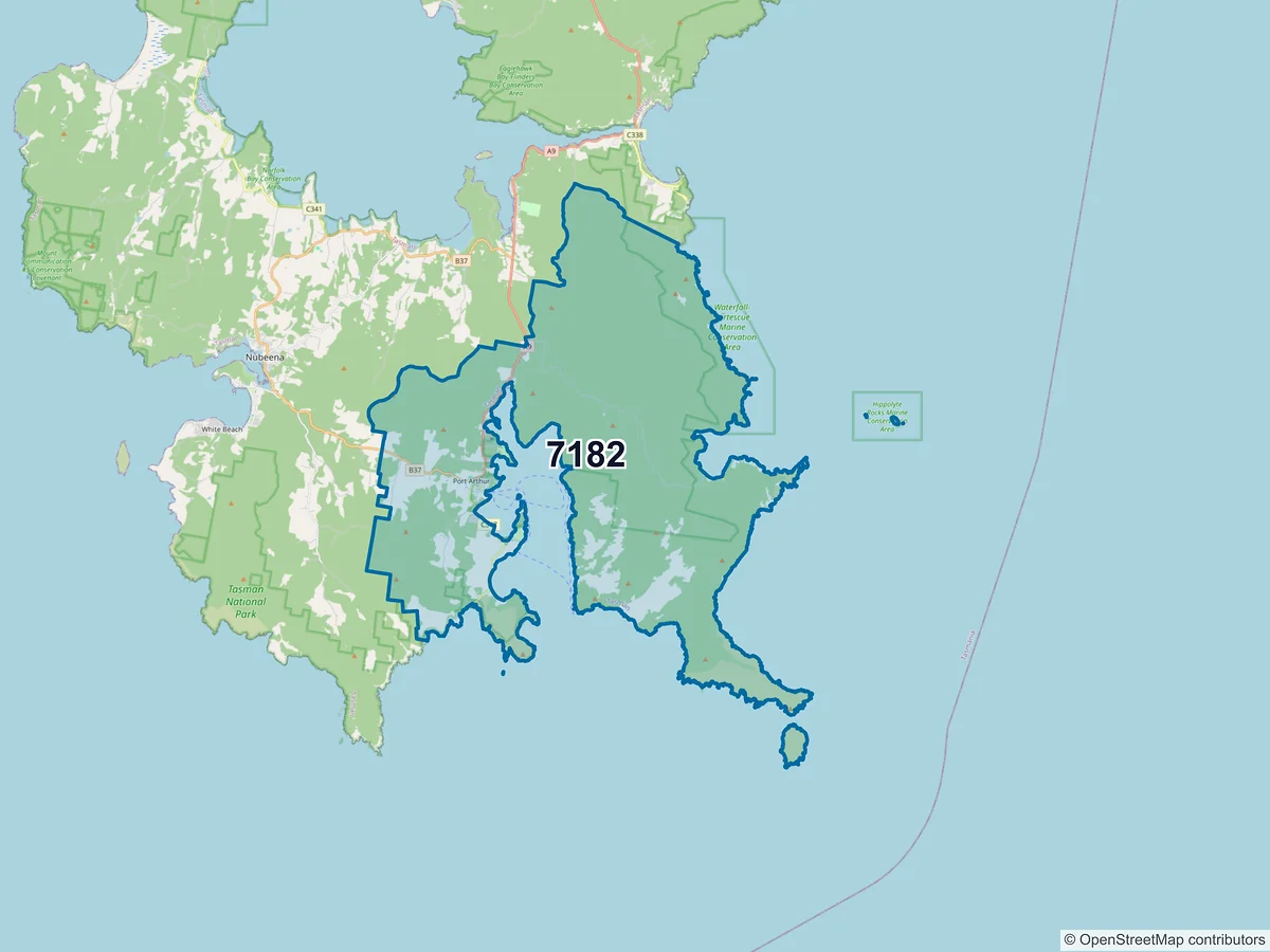 Map of postcode 7182 — Port Arthur, TAS, Australia
