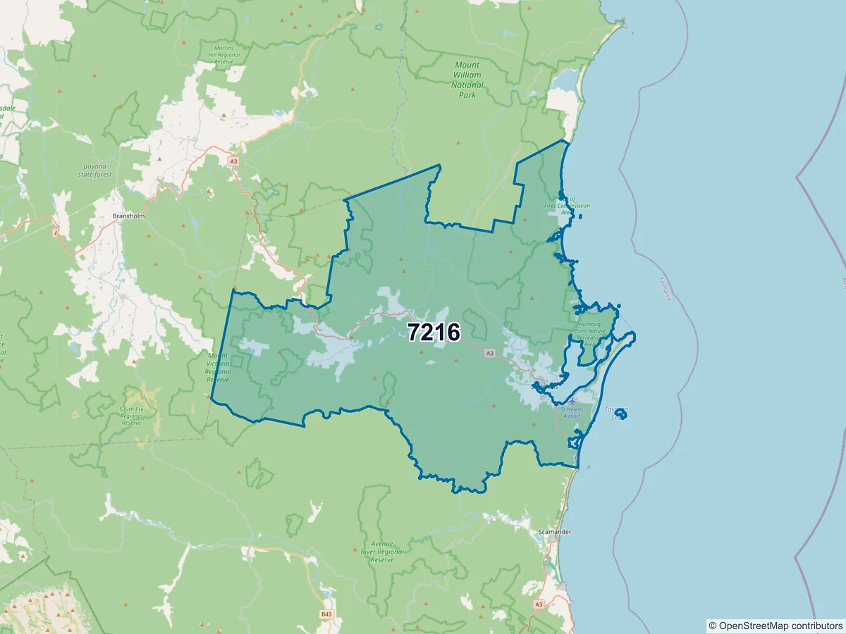 Map of postcode 7216 — St Helens, TAS, Australia
