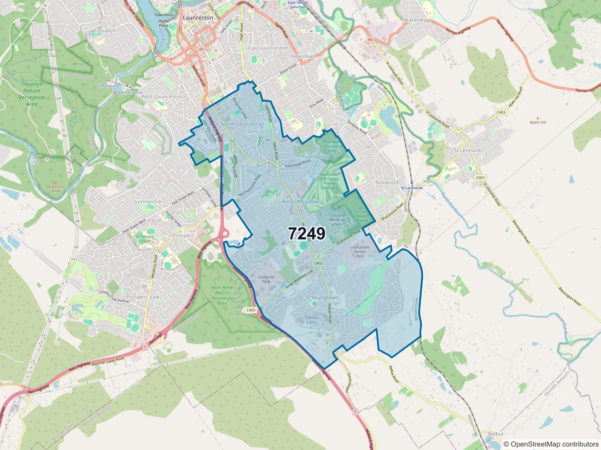 Map of postcode 7249 — South Launceston, TAS, Australia
