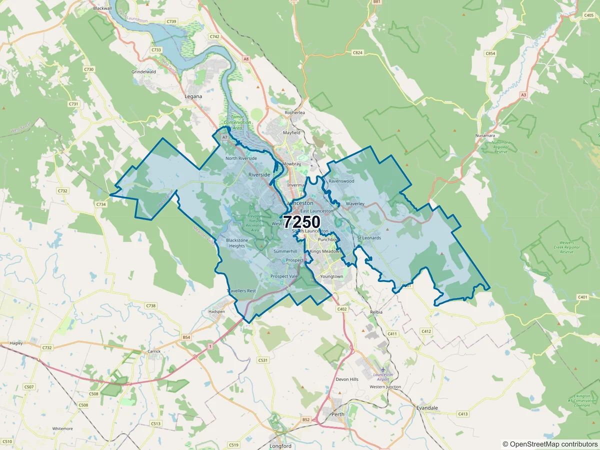 Map of postcode 7250 — Launceston, TAS, Australia