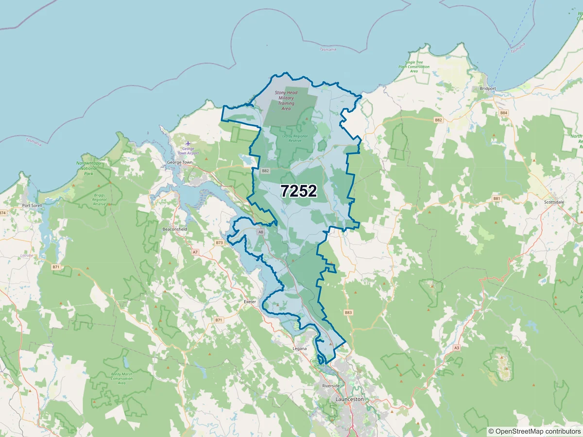 Map of postcode 7252 — Hillwood, TAS, Australia