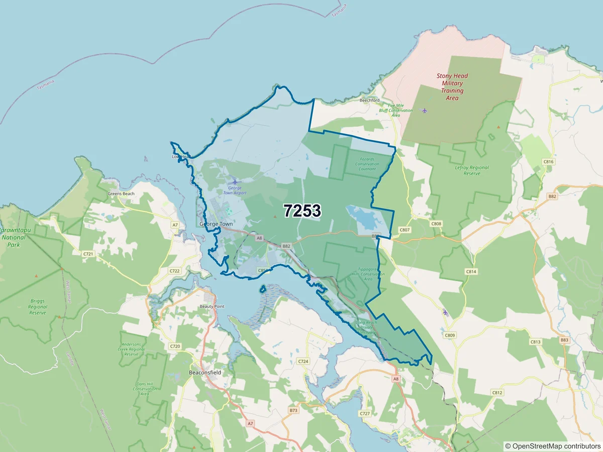 Map of postcode 7253 — George Town, TAS, Australia
