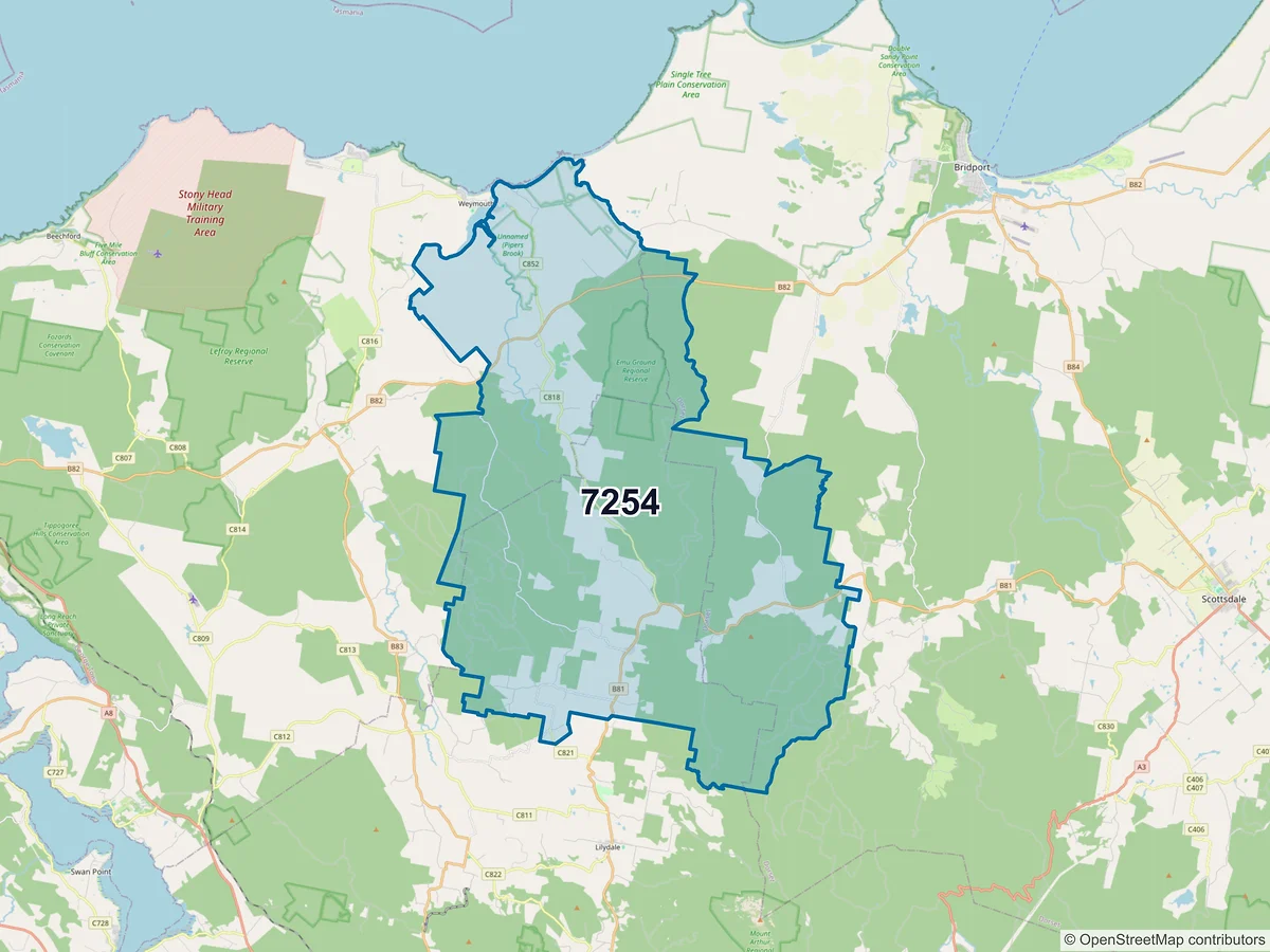 Map of postcode 7254 — Bellingham, TAS, Australia