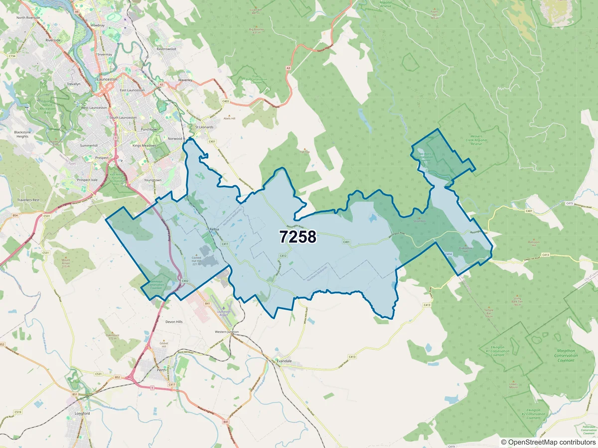 Map of postcode 7258 — Relbia, TAS, Australia