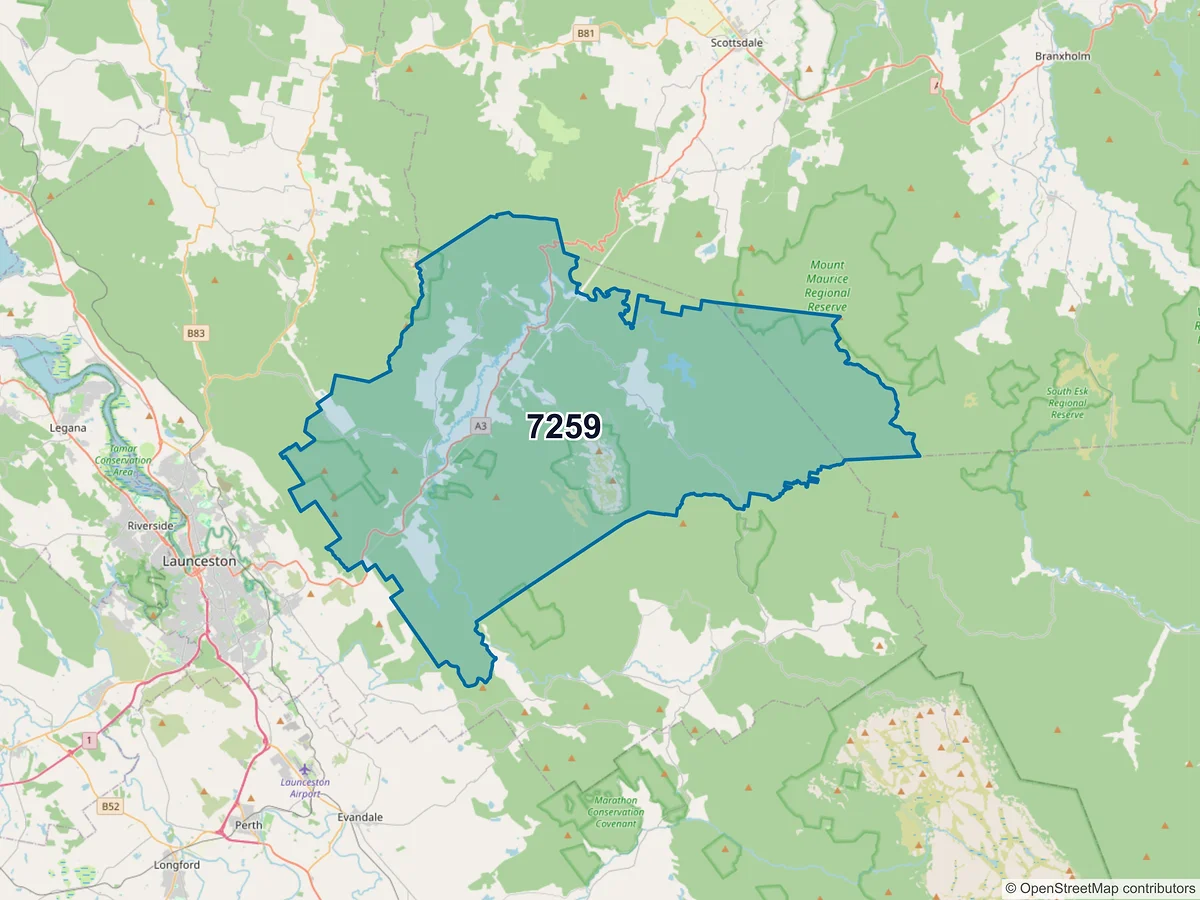 Map of postcode 7259 — Nunamara, TAS, Australia