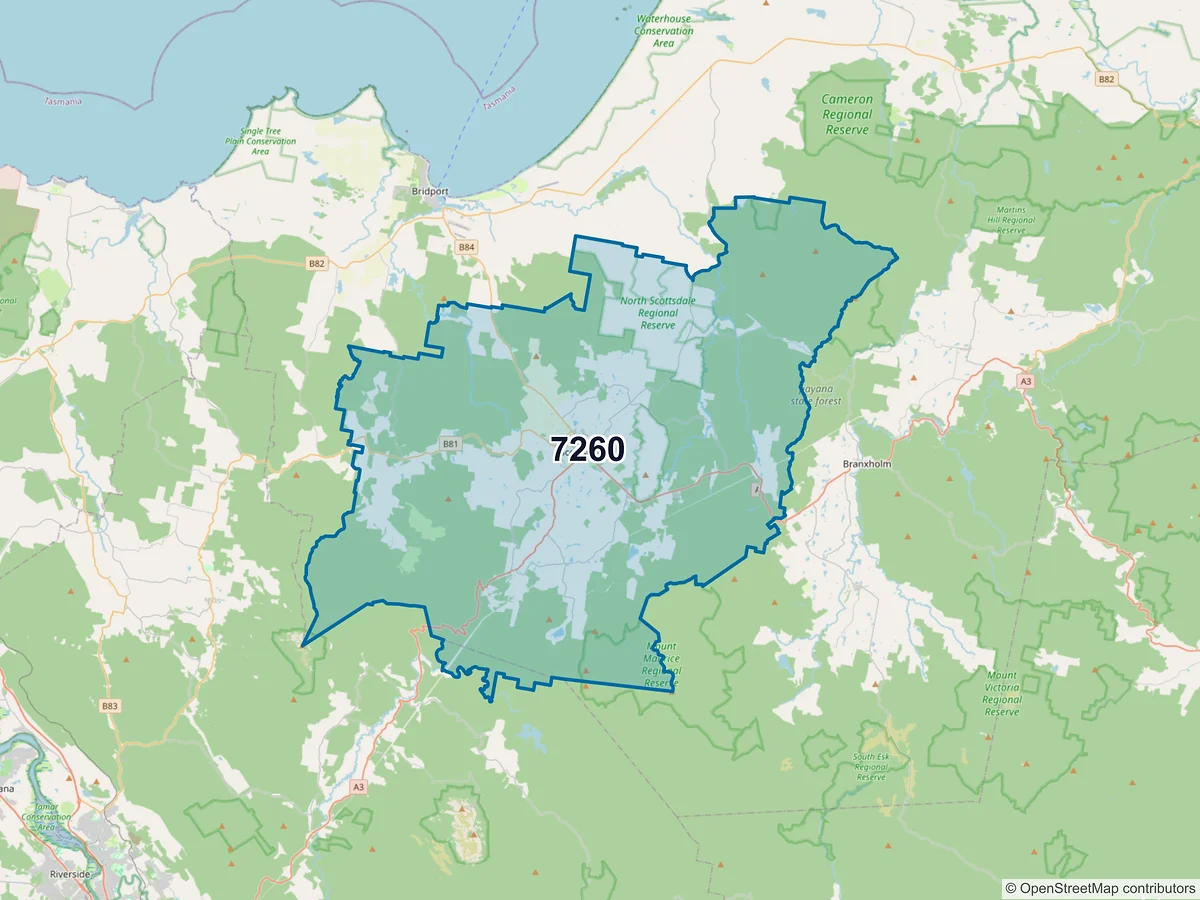 Map of postcode 7260 — Scottsdale, TAS, Australia