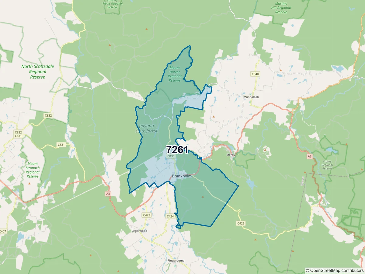 Map of postcode 7261 — Branxholm, TAS, Australia