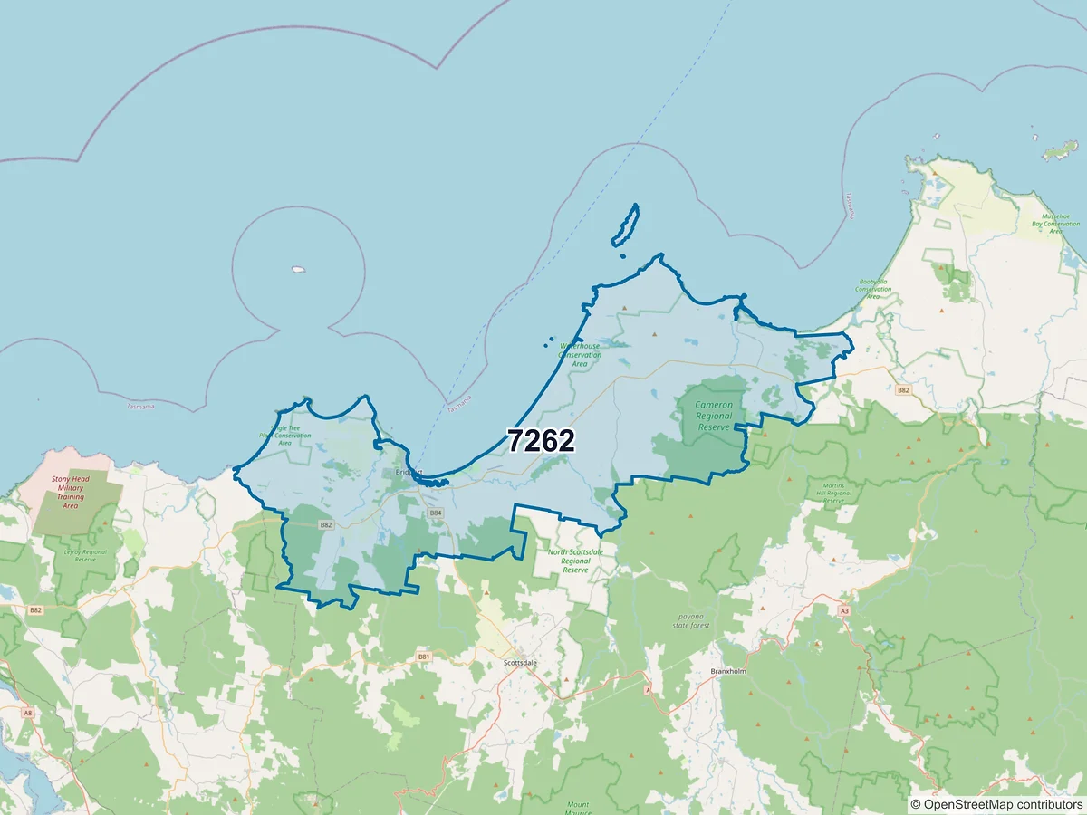 Map of postcode 7262 — Bridport, TAS, Australia