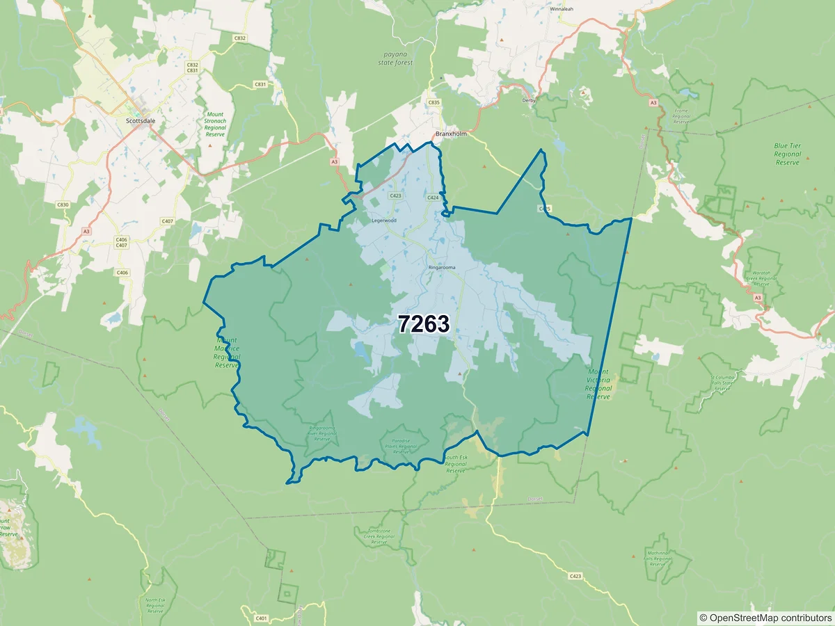 Map of postcode 7263 — Ringarooma, TAS, Australia