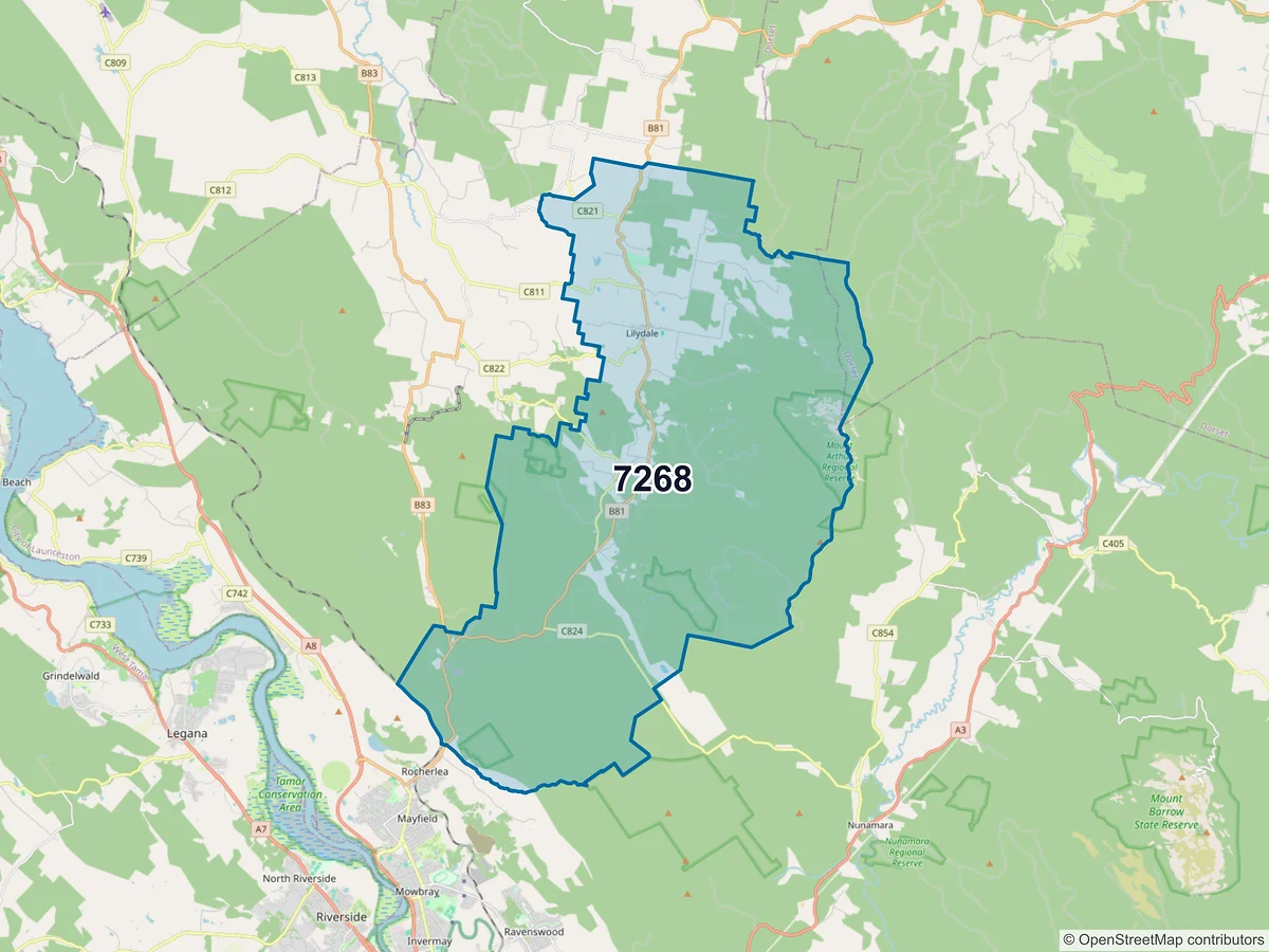 Map of postcode 7268 — Lilydale, TAS, Australia