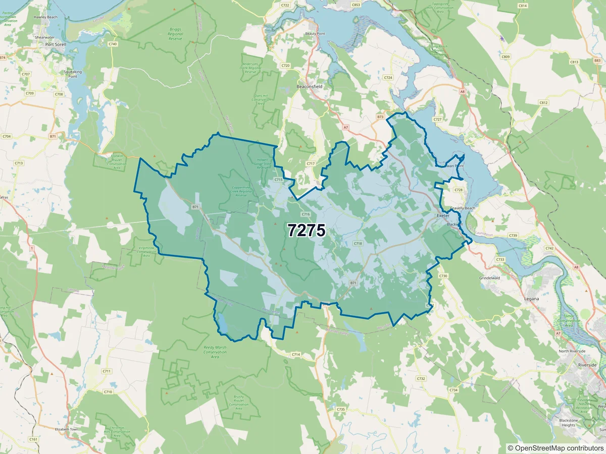 Map of postcode 7275 — Exeter, TAS, Australia