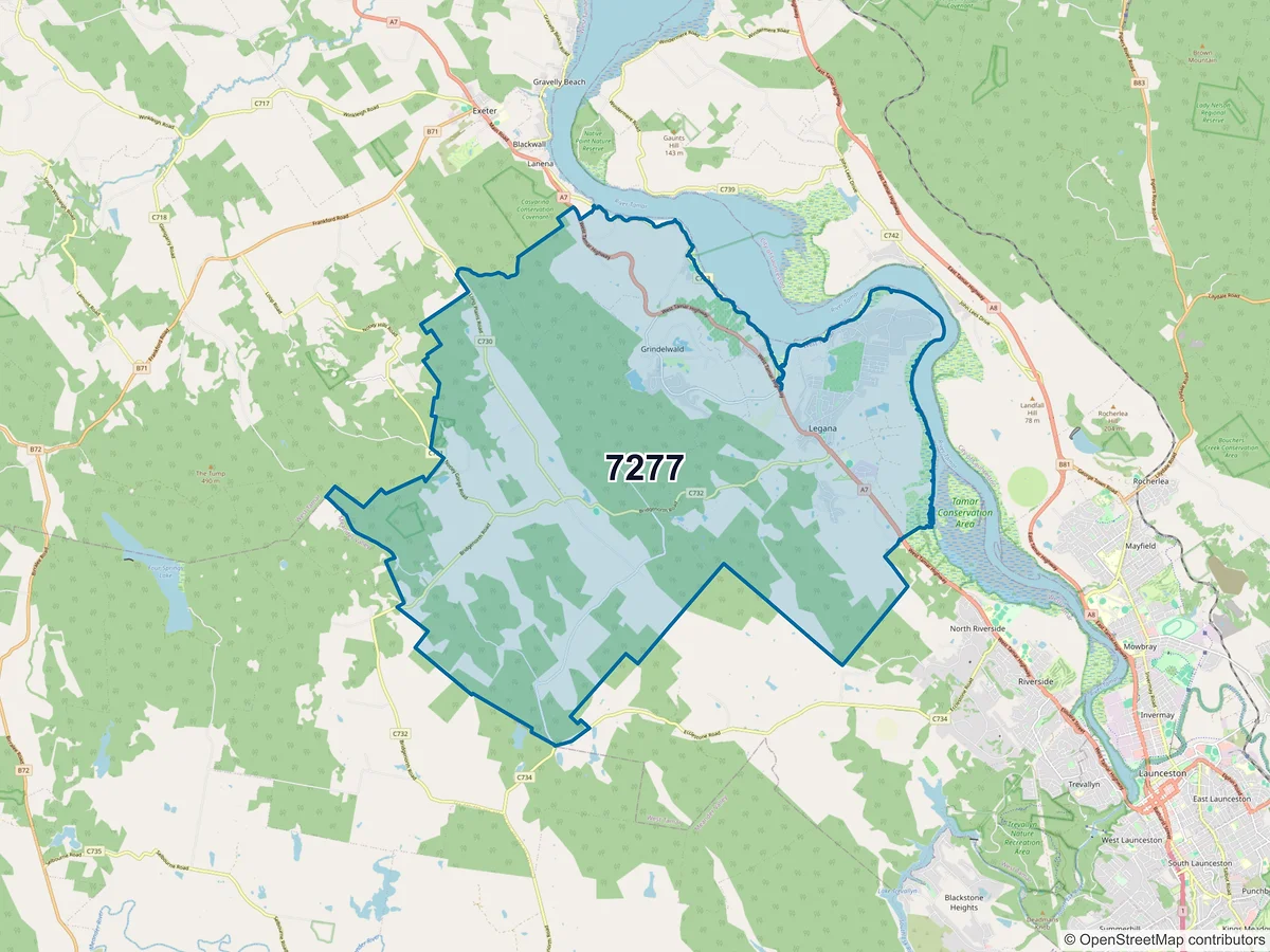 Map of postcode 7277 — Legana, TAS, Australia