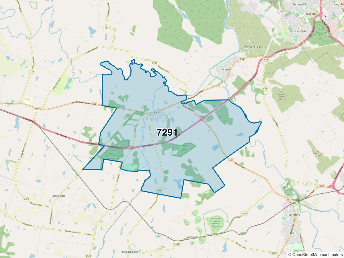 Map of postcode 7291 — Carrick, TAS, Australia
