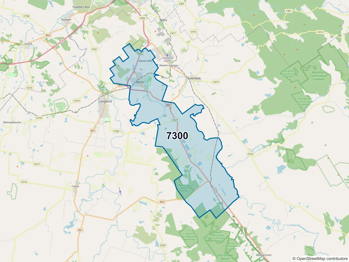 Map of postcode 7300 — Perth, TAS, Australia