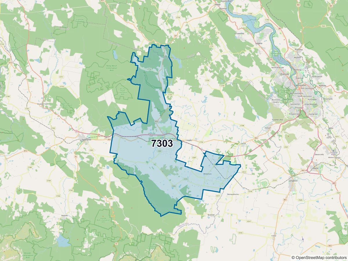 Map of postcode 7303 — Westbury, TAS, Australia