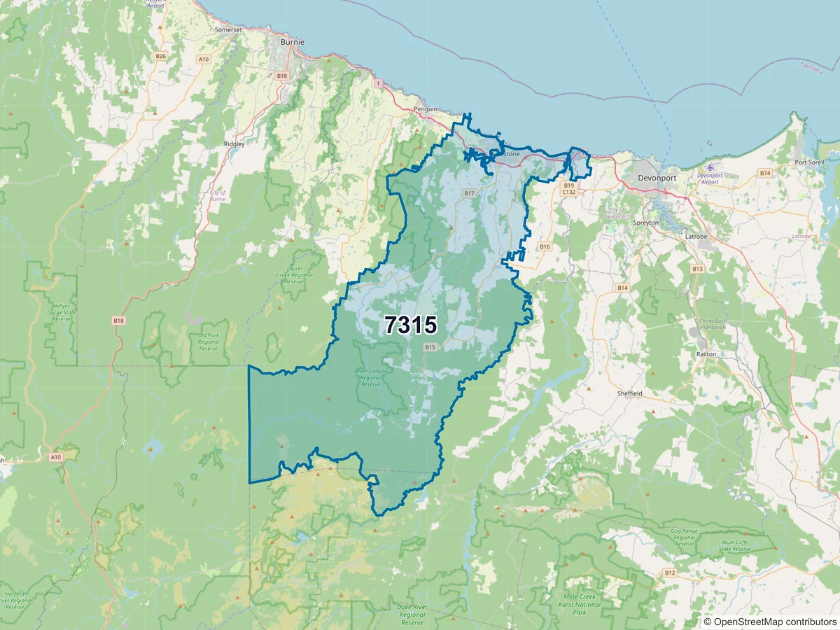 Map of postcode 7315 — Ulverstone, TAS, Australia