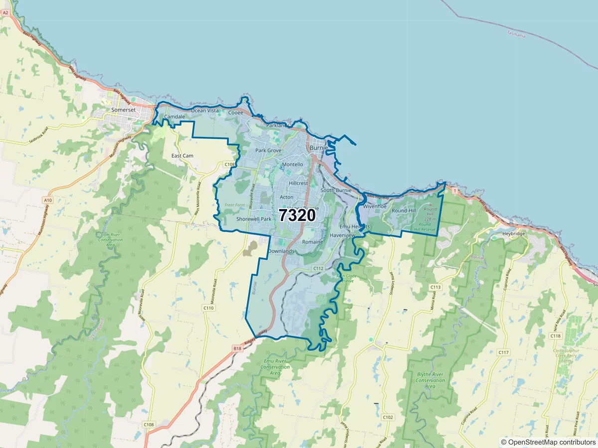 Map of postcode 7320 — Shorewell Park, TAS, Australia