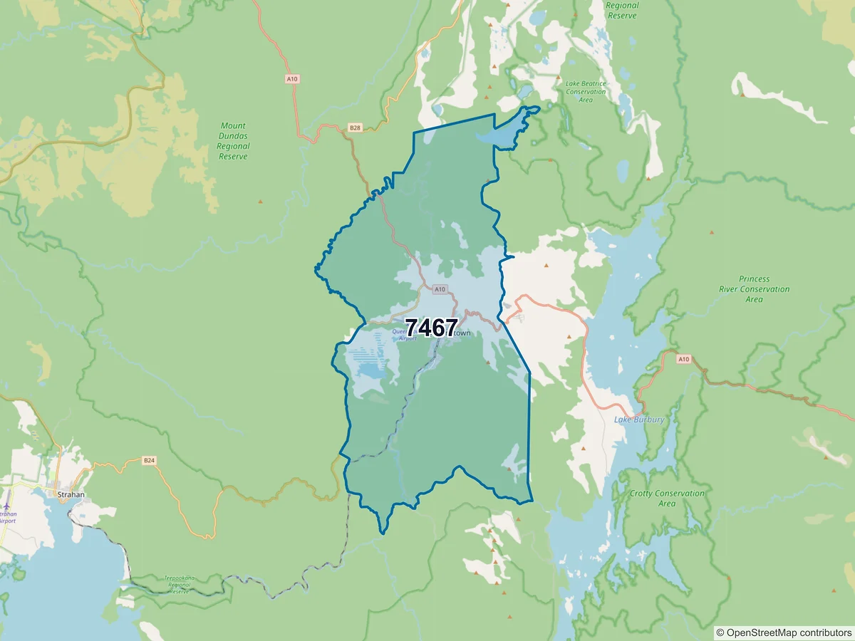 Map of postcode 7467 — Queenstown, TAS, Australia