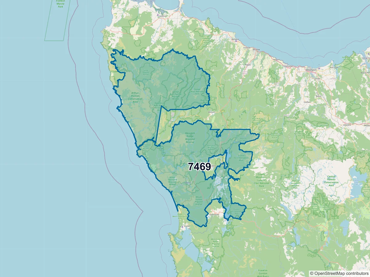 Map of postcode 7469 — Zeehan, TAS, Australia