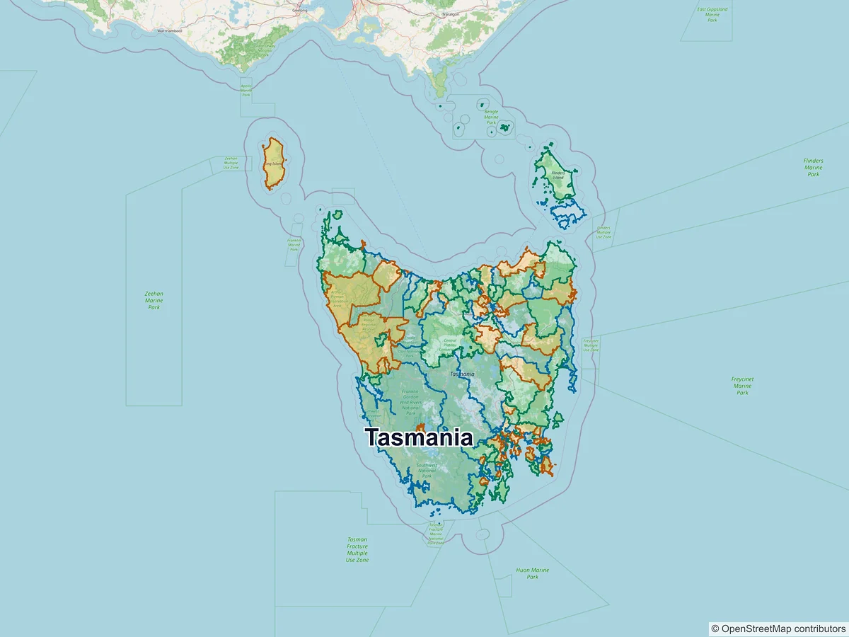 Postcode map of Tasmania, Australia